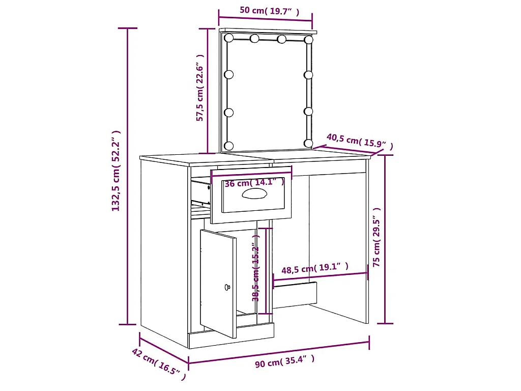 Coiffeuse avec lumières LED chêne marron 90x42x132,5 cm