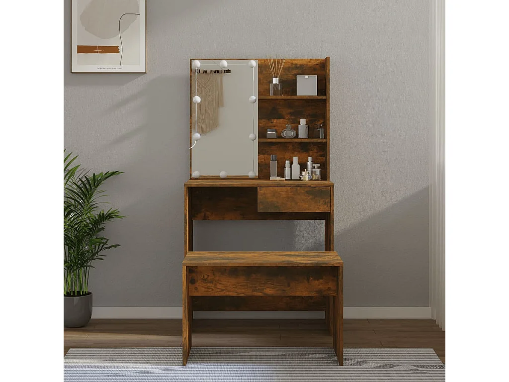 Juego de tocador con LED madera contrachapada roble ahumado
