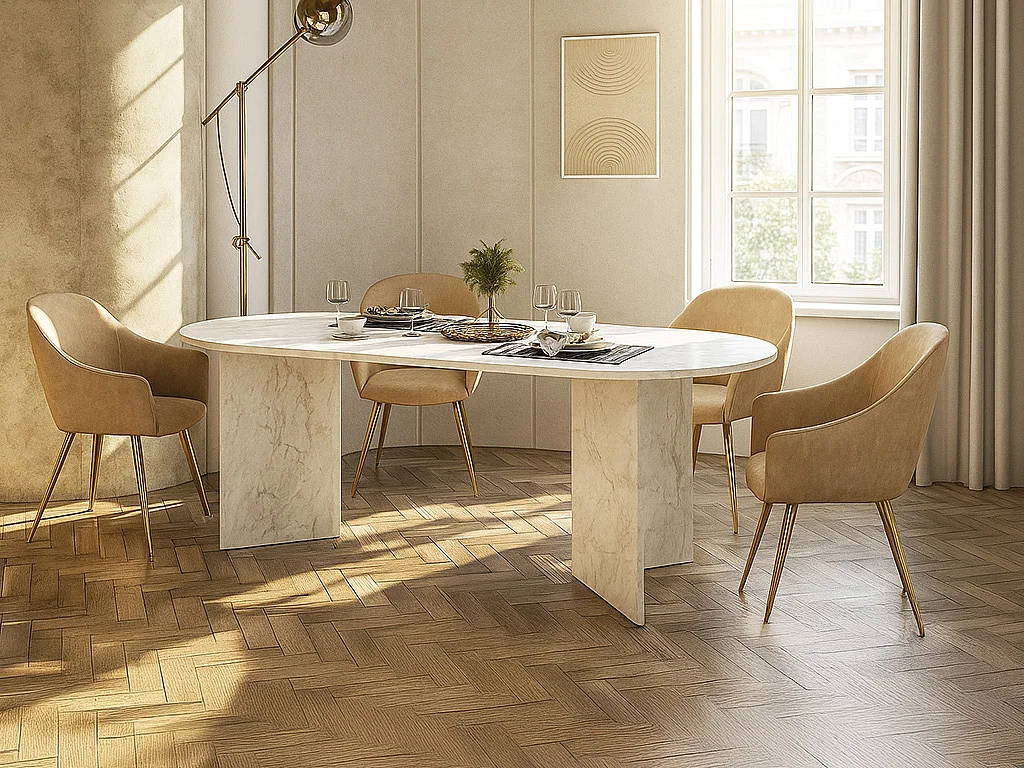 Table à manger 8 personnes - Effet marbre blanc - TOPANIA