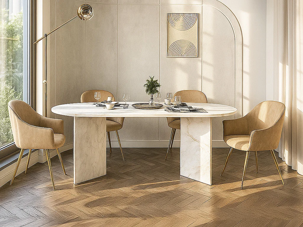 Mesa comedor 8 personas - Efecto mármol blanco - TOPANIA