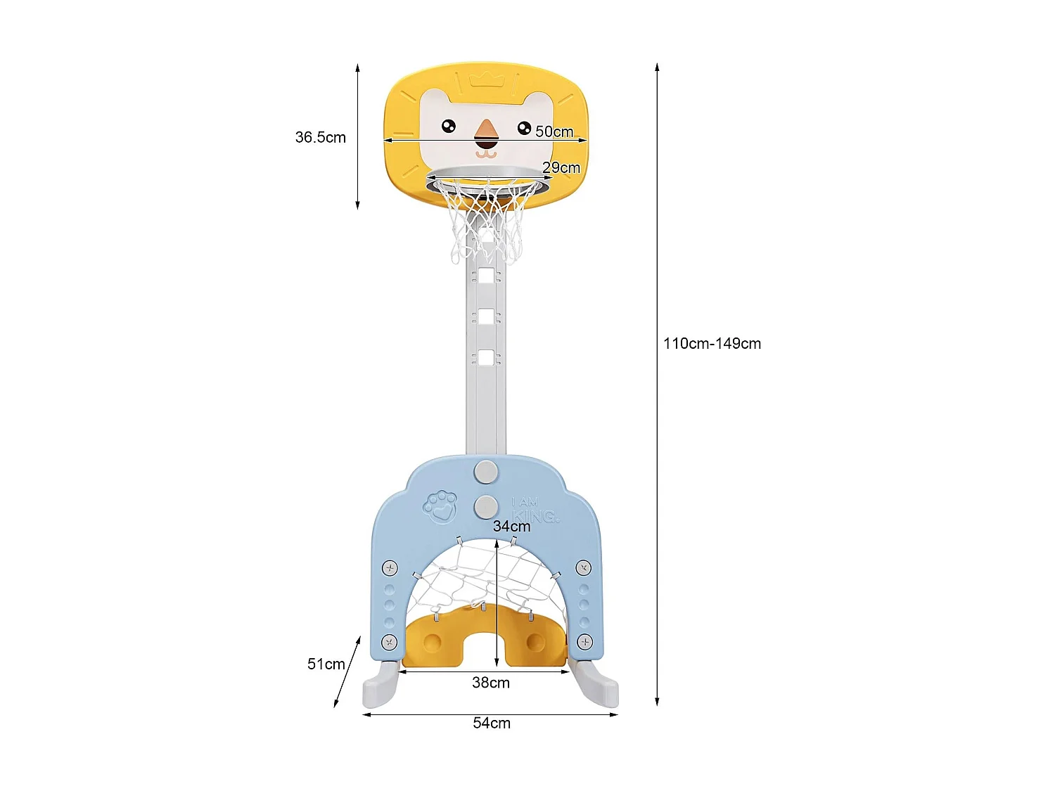 Support de Basket Multifonctionnel 3-en-1 Hauteur Ajustables de 110 à 149cm Jaune et Bleu