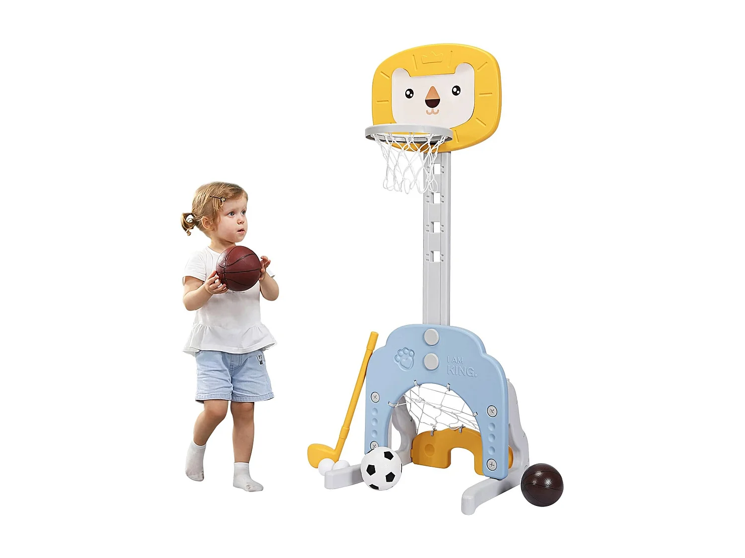 Support de Basket Multifonctionnel 3-en-1 Hauteur Ajustables de 110 à 149cm Jaune et Bleu