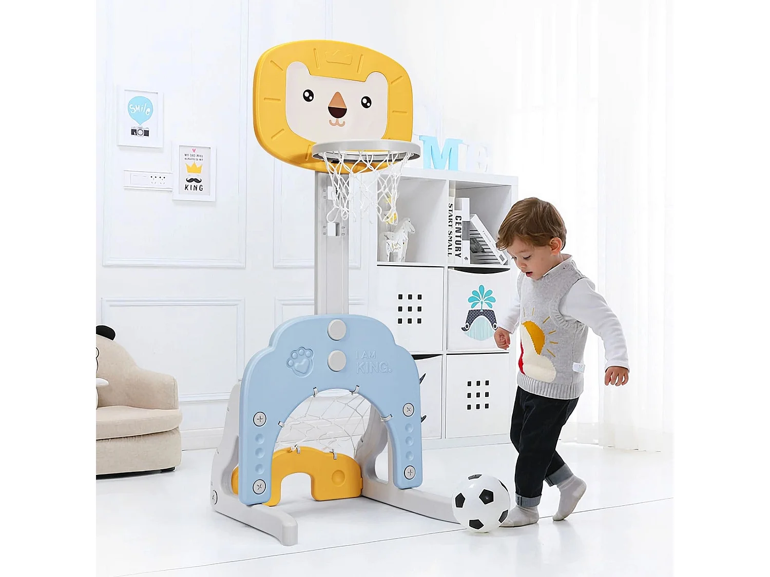 Support de Basket Multifonctionnel 3-en-1 Hauteur Ajustables de 110 à 149cm Jaune et Bleu