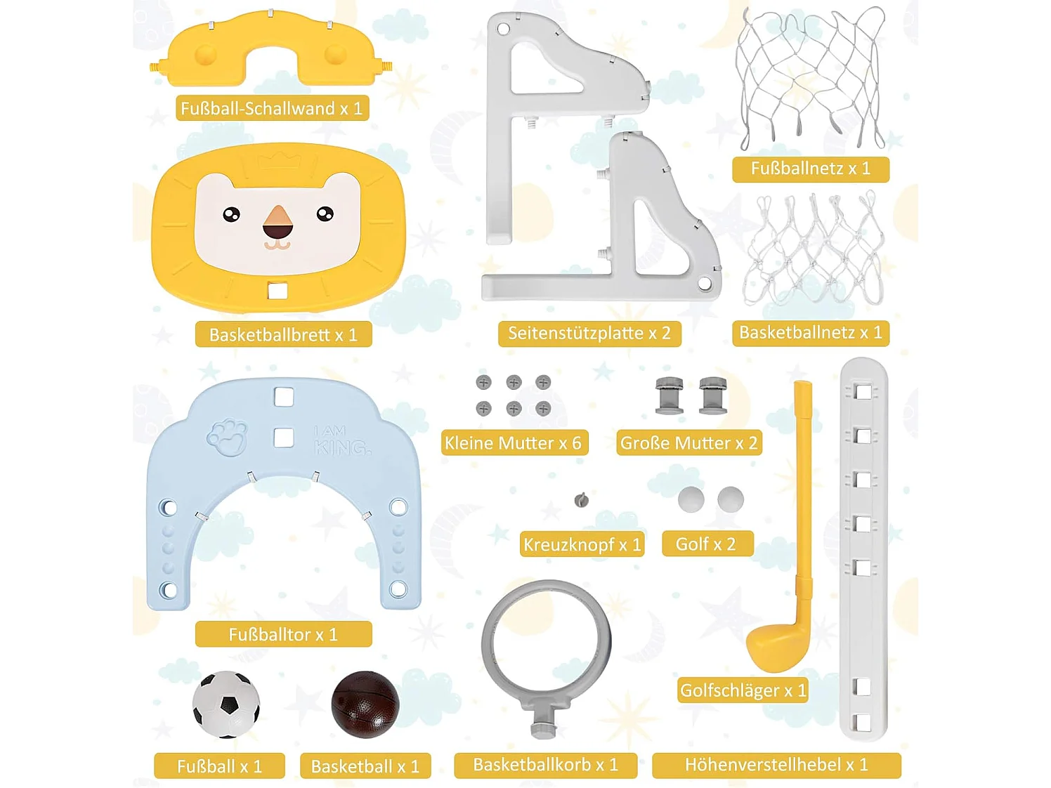 Support de Basket Multifonctionnel 3-en-1 Hauteur Ajustables de 110 à 149cm Jaune et Bleu