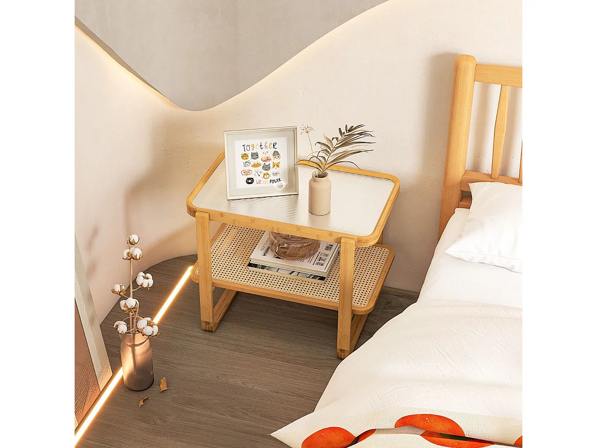 Couchtisch mit Abnehmbarer Glasplatte & Rattanablage Kaffeetisch mit Gestell aus Bambus