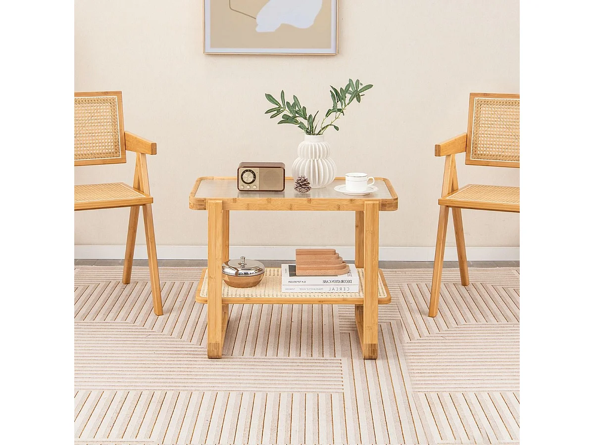 Couchtisch mit Abnehmbarer Glasplatte & Rattanablage Kaffeetisch mit Gestell aus Bambus