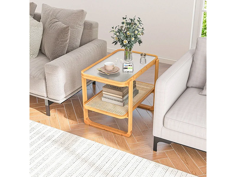 Couchtisch mit Abnehmbarer Glasplatte & Rattanablage Kaffeetisch mit Gestell aus Bambus