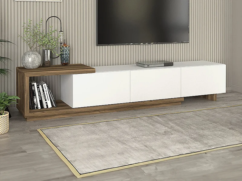 Móvel de TV com 3 gavetas e 1 nicho branco e natural - DUKIAN