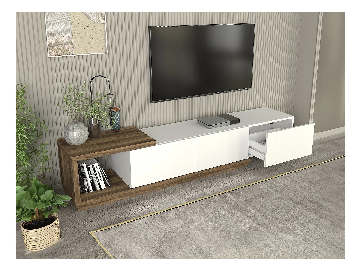 Meuble TV avec 3 tiroirs et 1 niche - Blanc et naturel - DUKIAN
