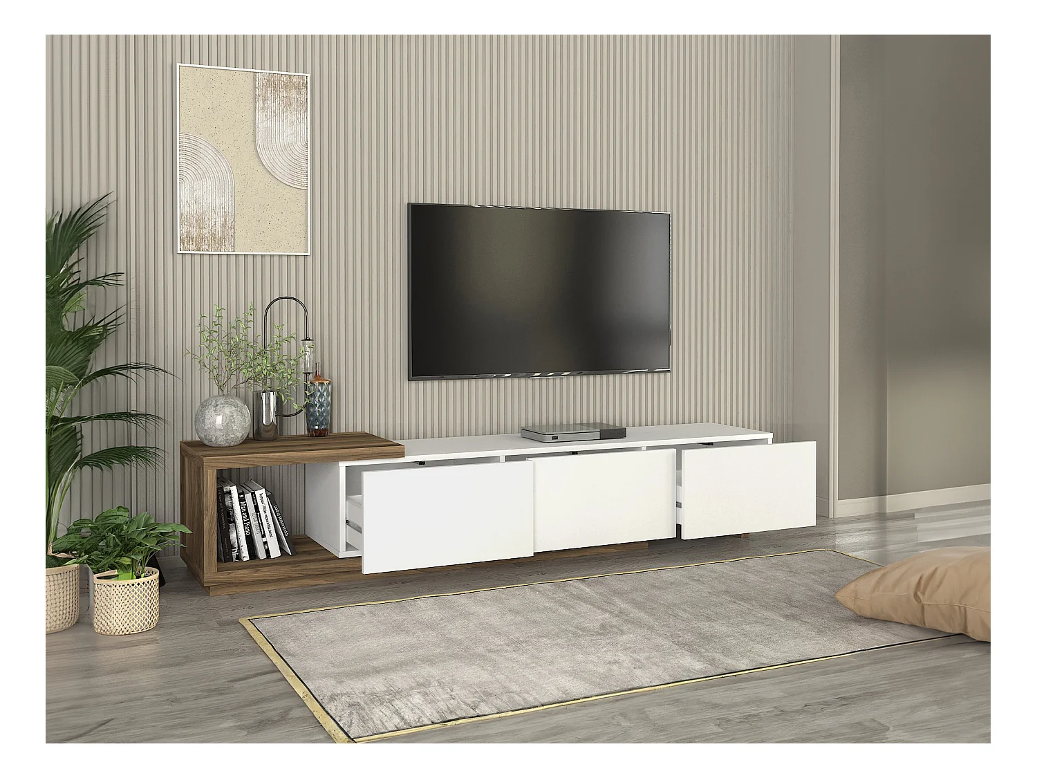Meuble TV avec 3 tiroirs et 1 niche - Blanc et naturel - DUKIAN