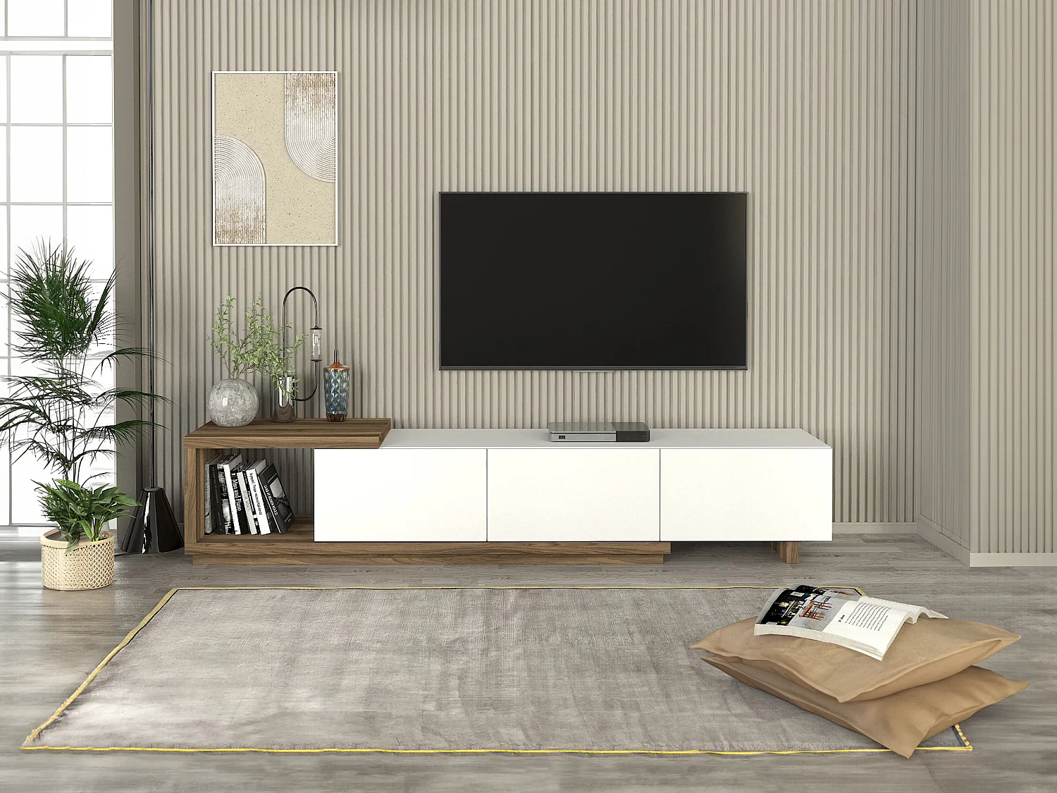 Meuble TV avec 3 tiroirs et 1 niche - Blanc et naturel - DUKIAN