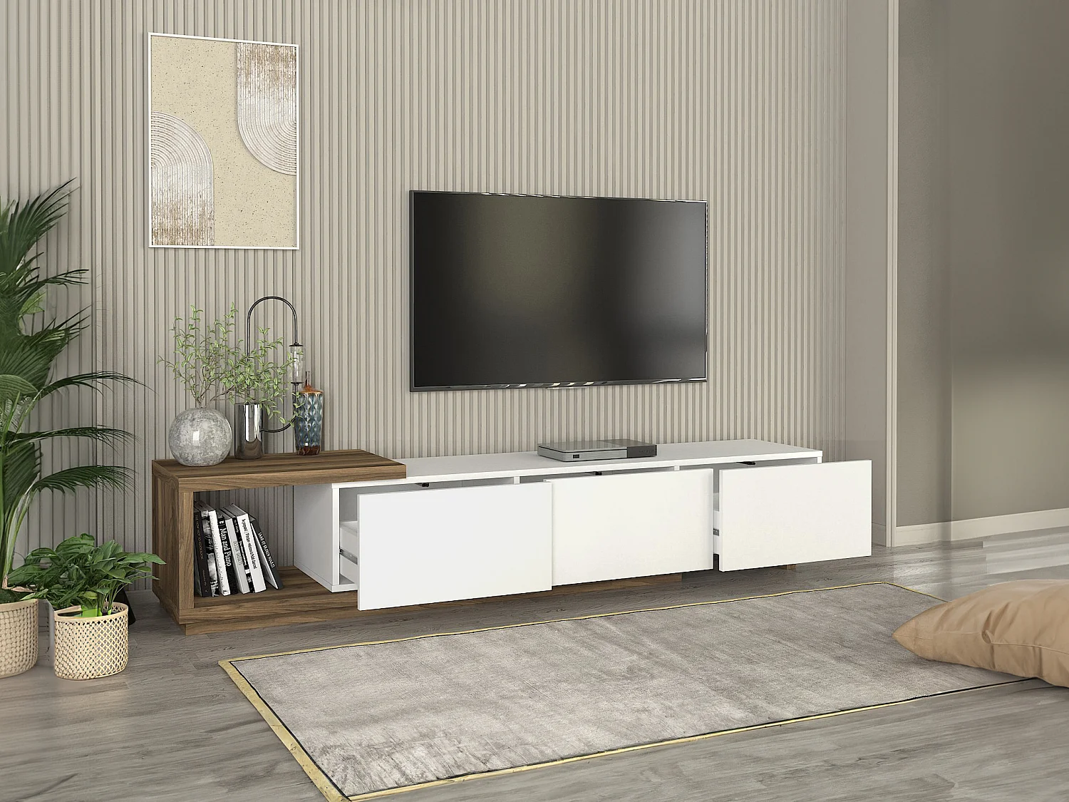 Meuble TV avec 3 tiroirs et 1 niche - Blanc et naturel - DUKIAN