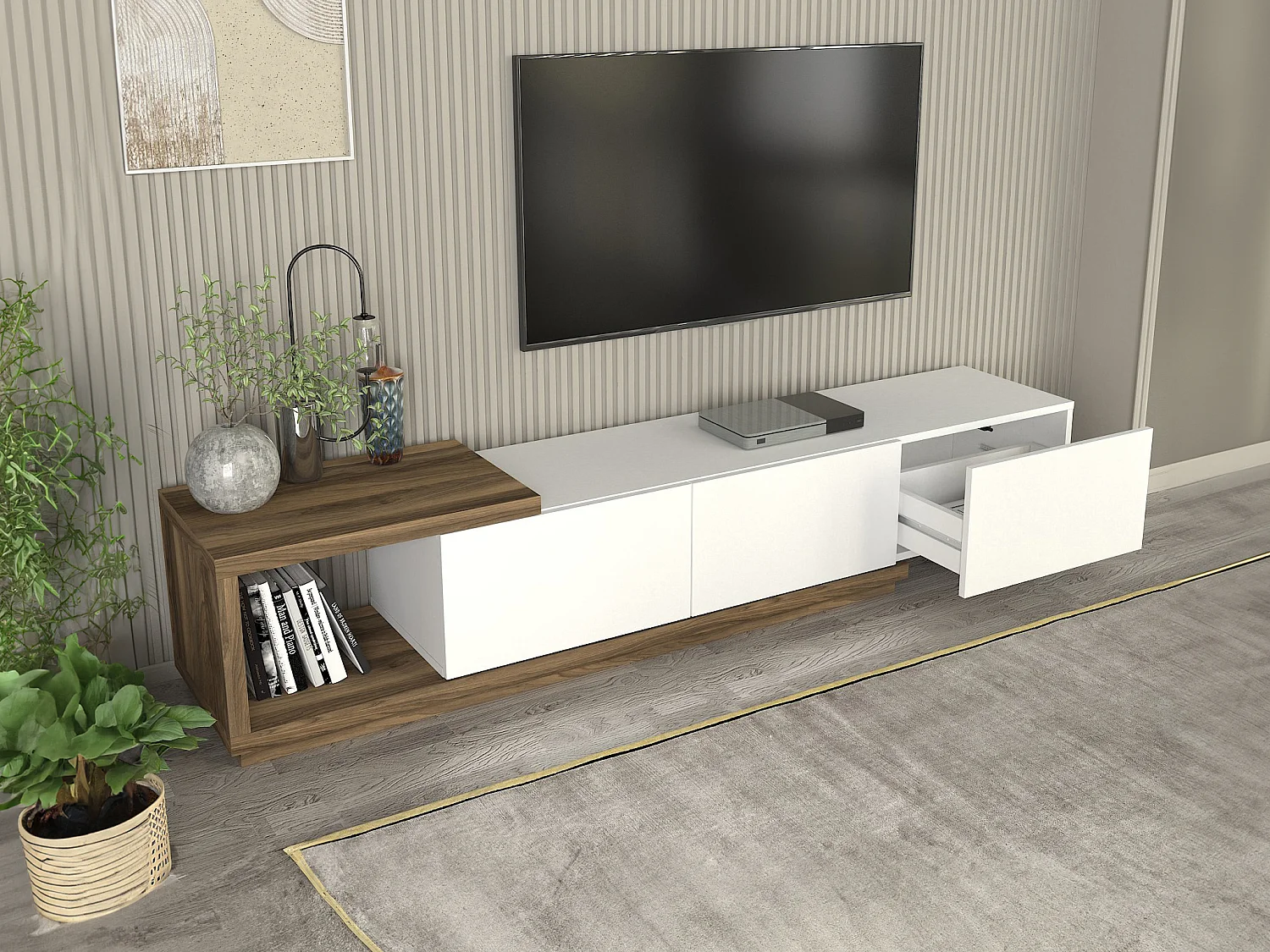 Meuble TV avec 3 tiroirs et 1 niche - Blanc et naturel - DUKIAN