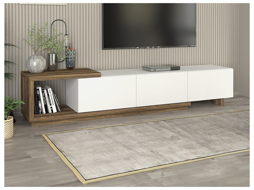 Meuble TV avec 3 tiroirs et 1 niche - Blanc et naturel - DUKIAN