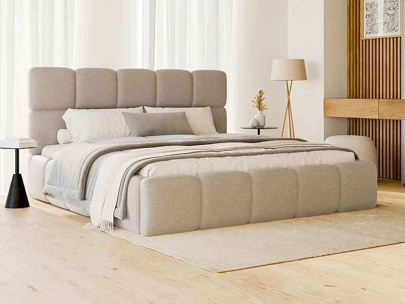 Lit coffre 140 x 190 cm - Tissu chiné - Beige + Matelas - DAMADO de Pascal Morabito