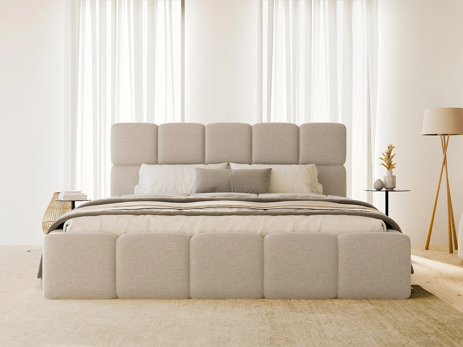Lit coffre 140 x 190 cm - Tissu chiné - Beige + Matelas - DAMADO de Pascal Morabito