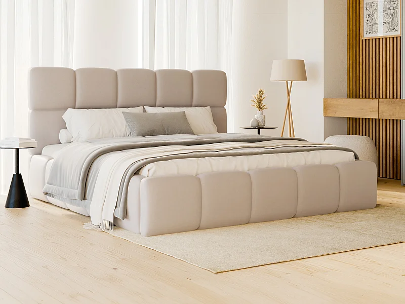 Bett mit Bettkasten - 140 x 190 cm - Stoff Leder-Optik - Beige + Matratze - DAMADO von Pascal Morabito