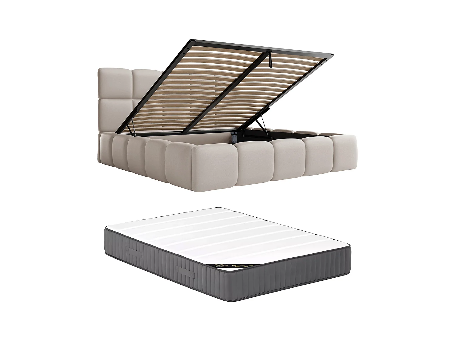 Lit coffre 140 x 190 cm - Tissu effet cuir - Beige + Matelas - DAMADO de Pascal Morabito