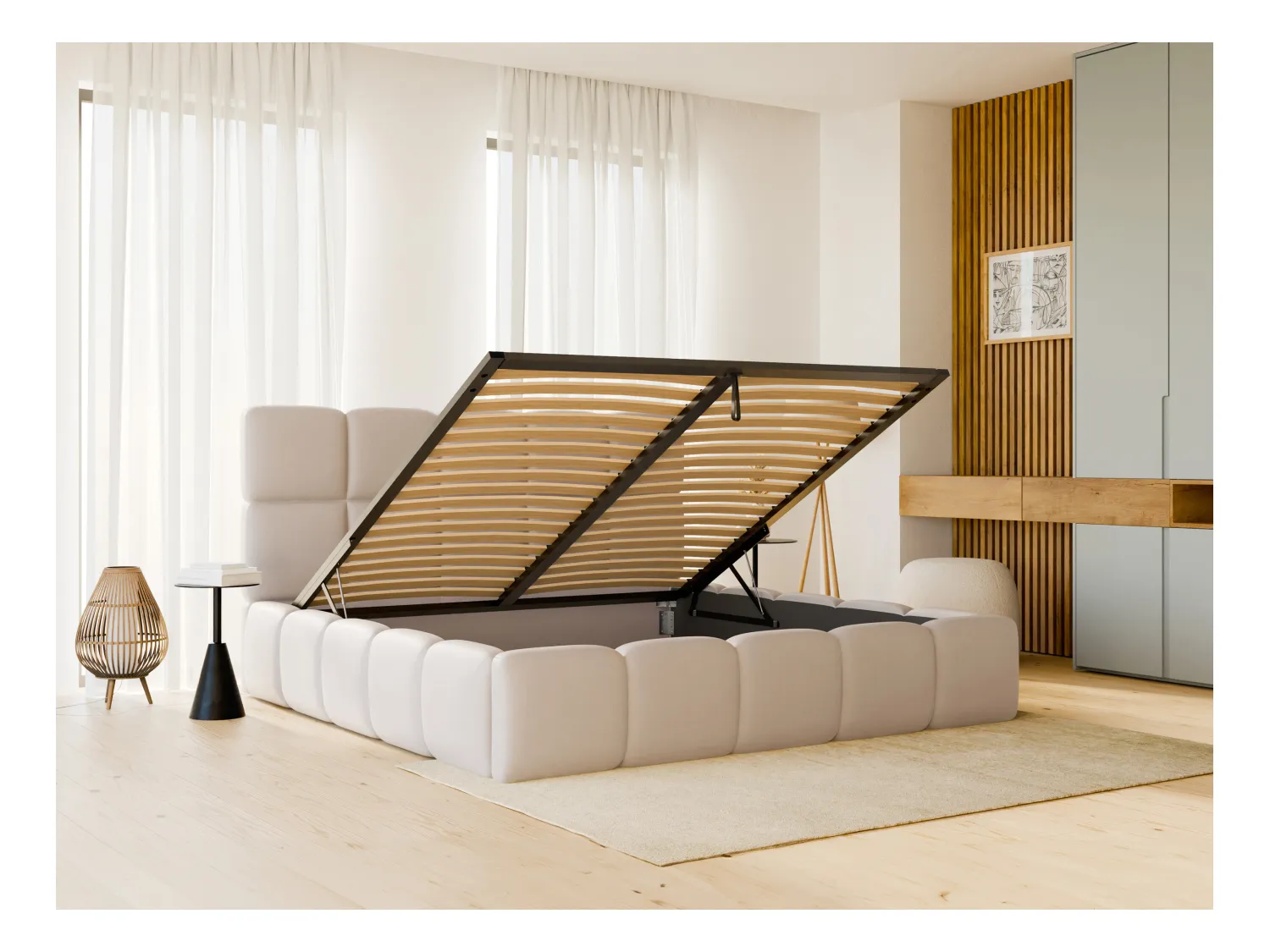 Sengeskuffeseng 140 x 190 cm - Stoff med skinneffekt - Beige + Madrass - DAMADO av Pascal Morabito