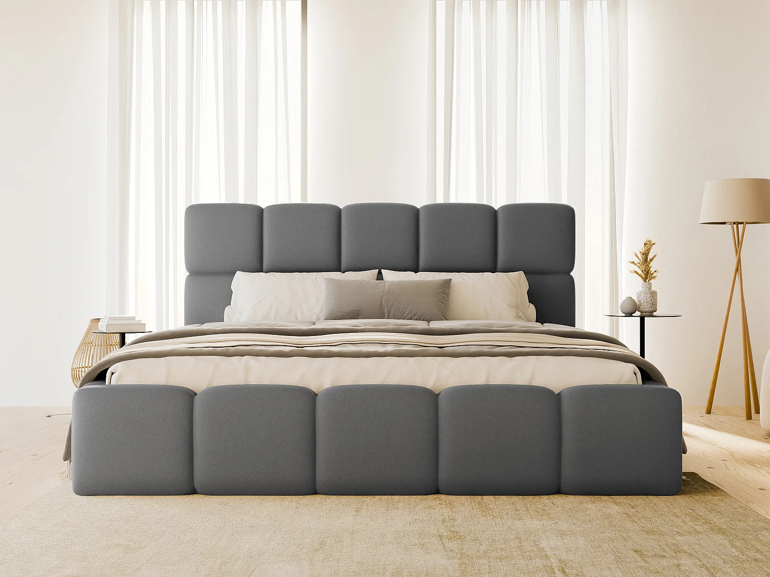 Lit coffre 140 x 190 cm - Tissu effet cuir - Gris + Matelas - DAMADO de Pascal Morabito