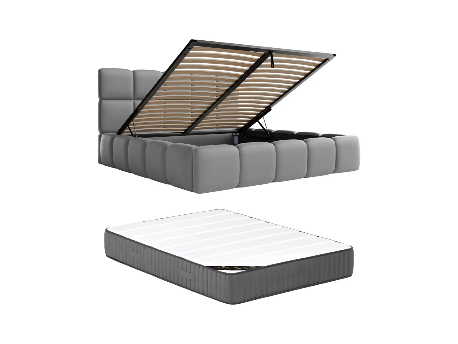 Lit coffre 140 x 190 cm - Tissu effet cuir - Gris + Matelas - DAMADO de Pascal Morabito