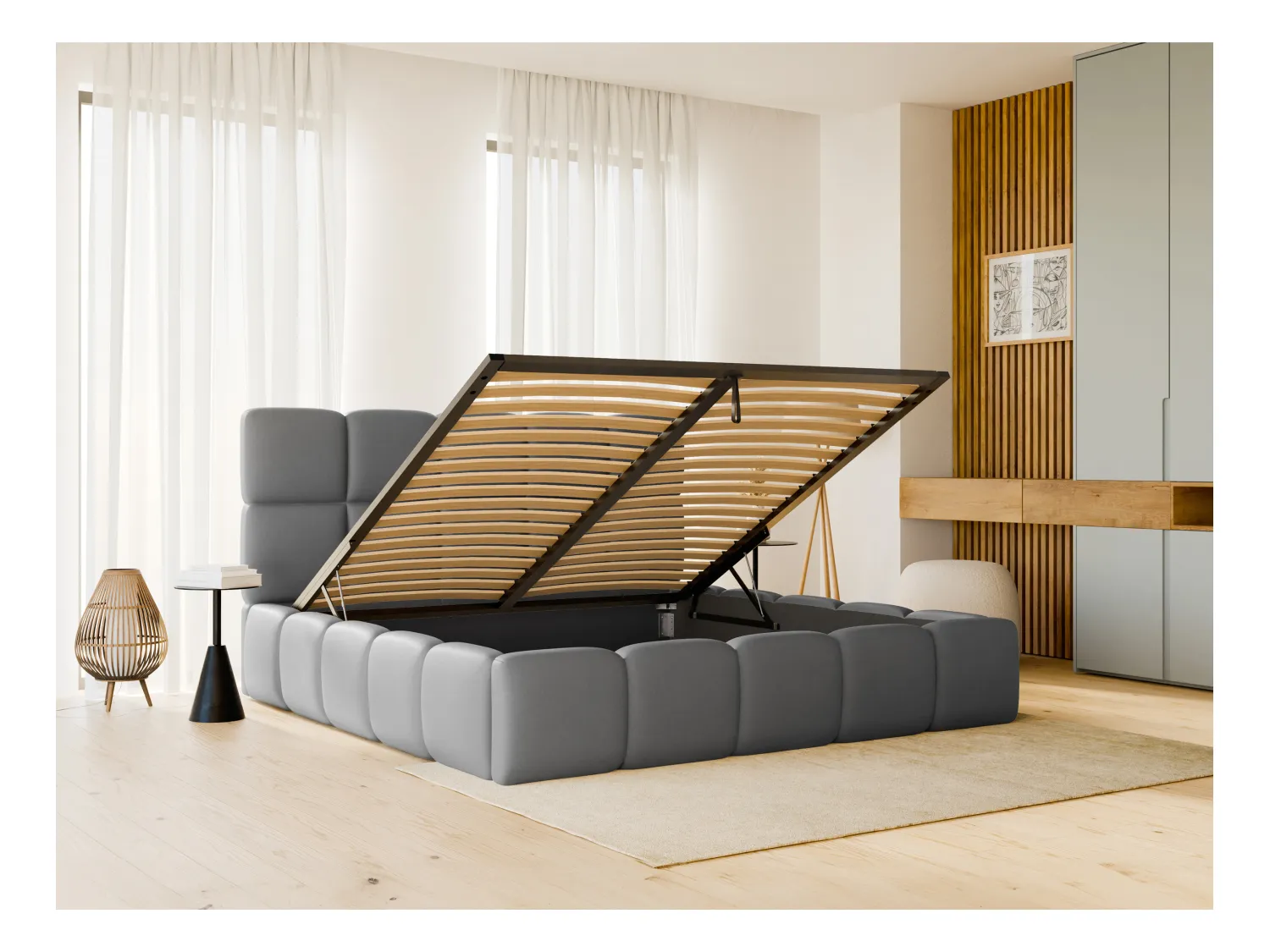 Lit coffre 140 x 190 cm - Tissu effet cuir - Gris + Matelas - DAMADO de Pascal Morabito