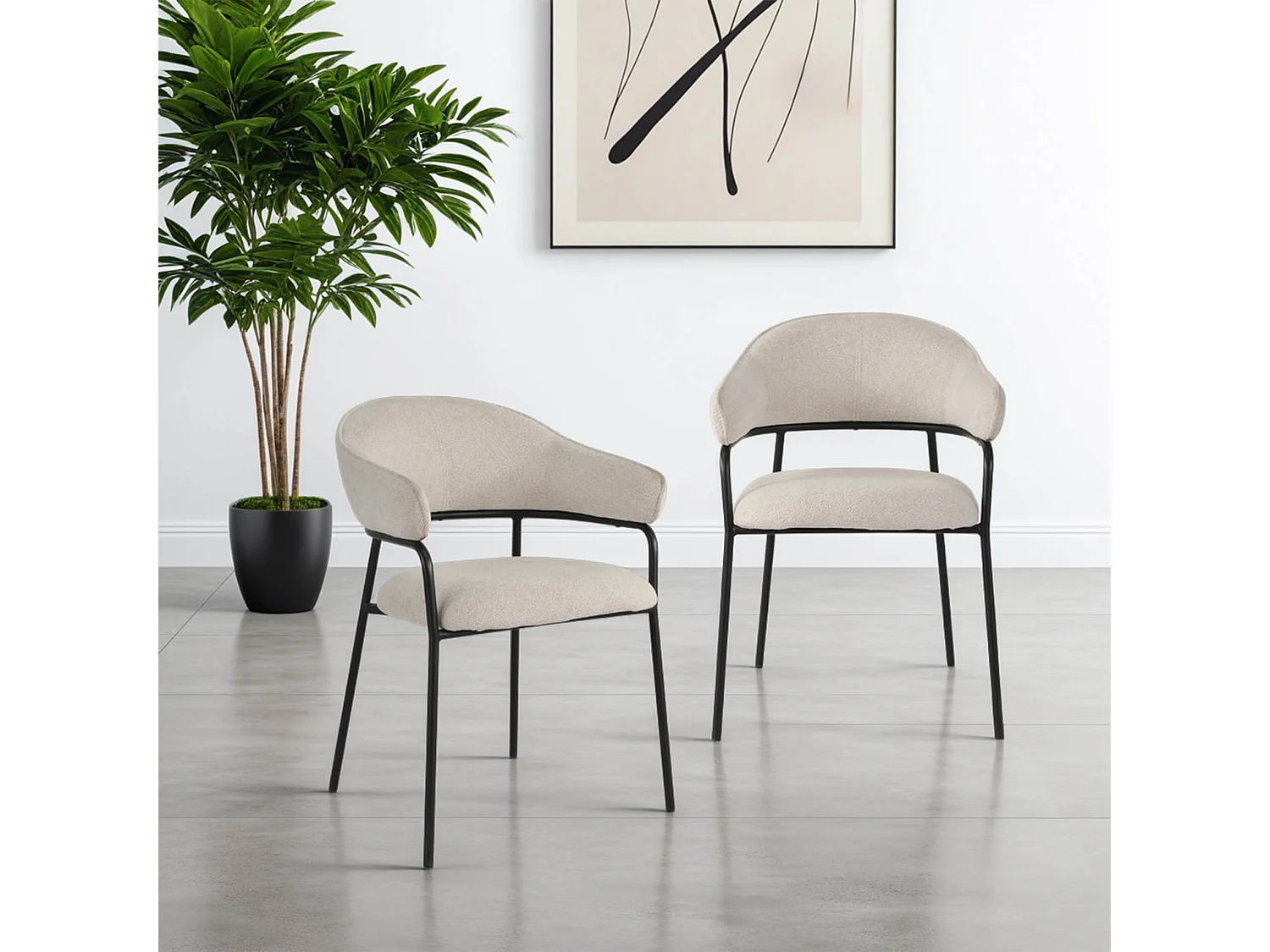 Chaises Bakla 82,5x57x56,5 Tissu Polyester Acier Blanc Perle Noir Moderne ENSEMBLE 2 pièces