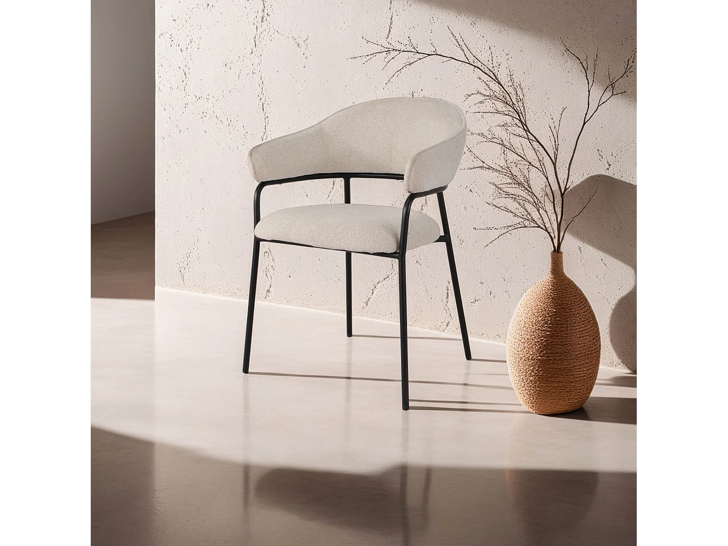 Chaises Bakla 82,5x57x56,5 Tissu Polyester Acier Blanc Perle Noir Moderne ENSEMBLE 2 pièces