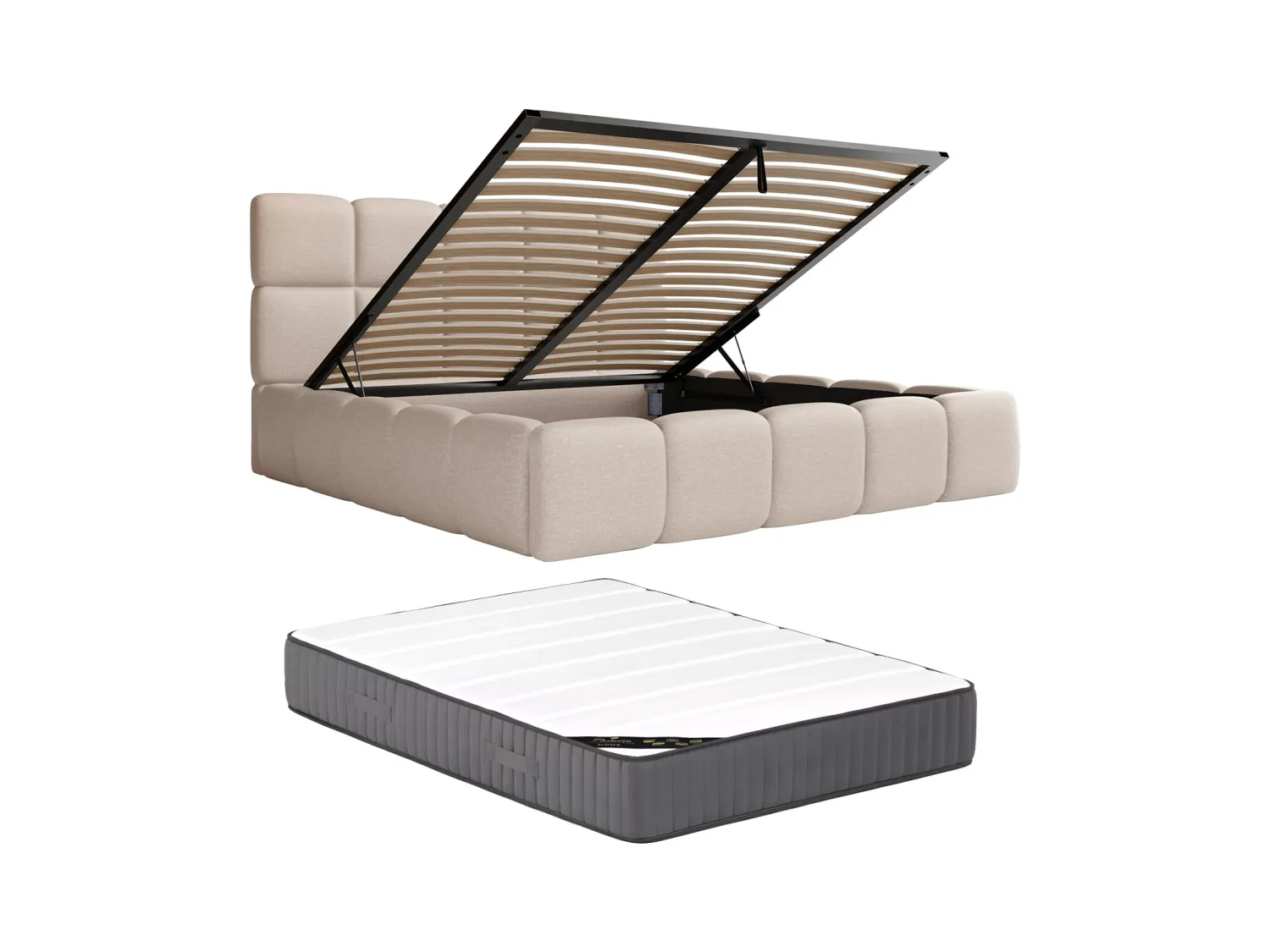 Sengeskuffe 160 x 200 cm - Meleret stof - Beige + Madras - DAMADO af Pascal Morabito