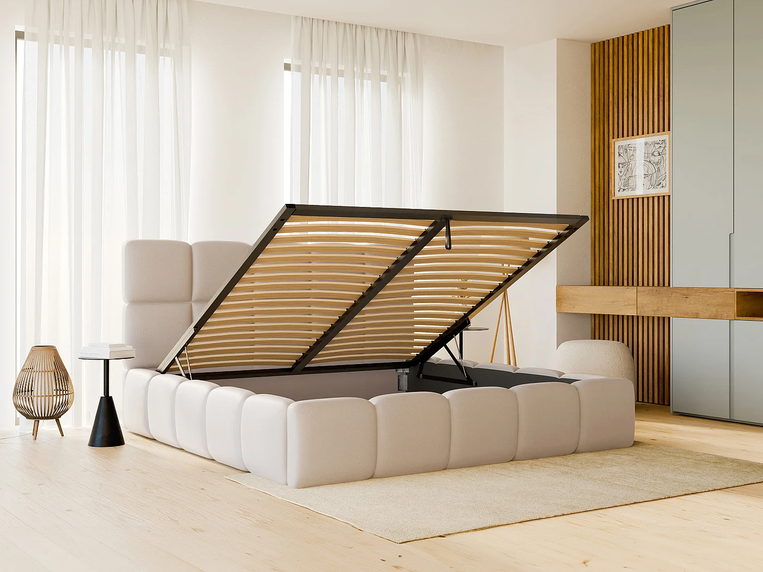 Lit coffre 160 x 200 cm - Tissu effet cuir - Beige + Matelas - DAMADO de Pascal Morabito