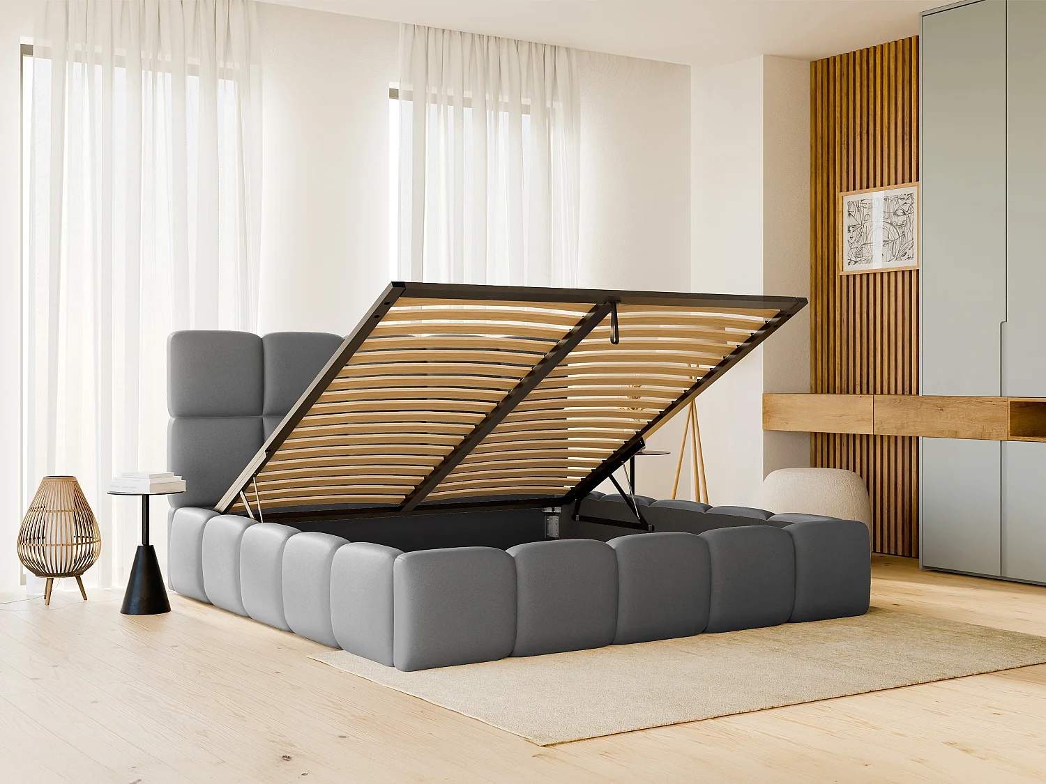 Lit coffre 160 x 200 cm - Tissu effet cuir - Gris + Matelas - DAMADO de Pascal Morabito