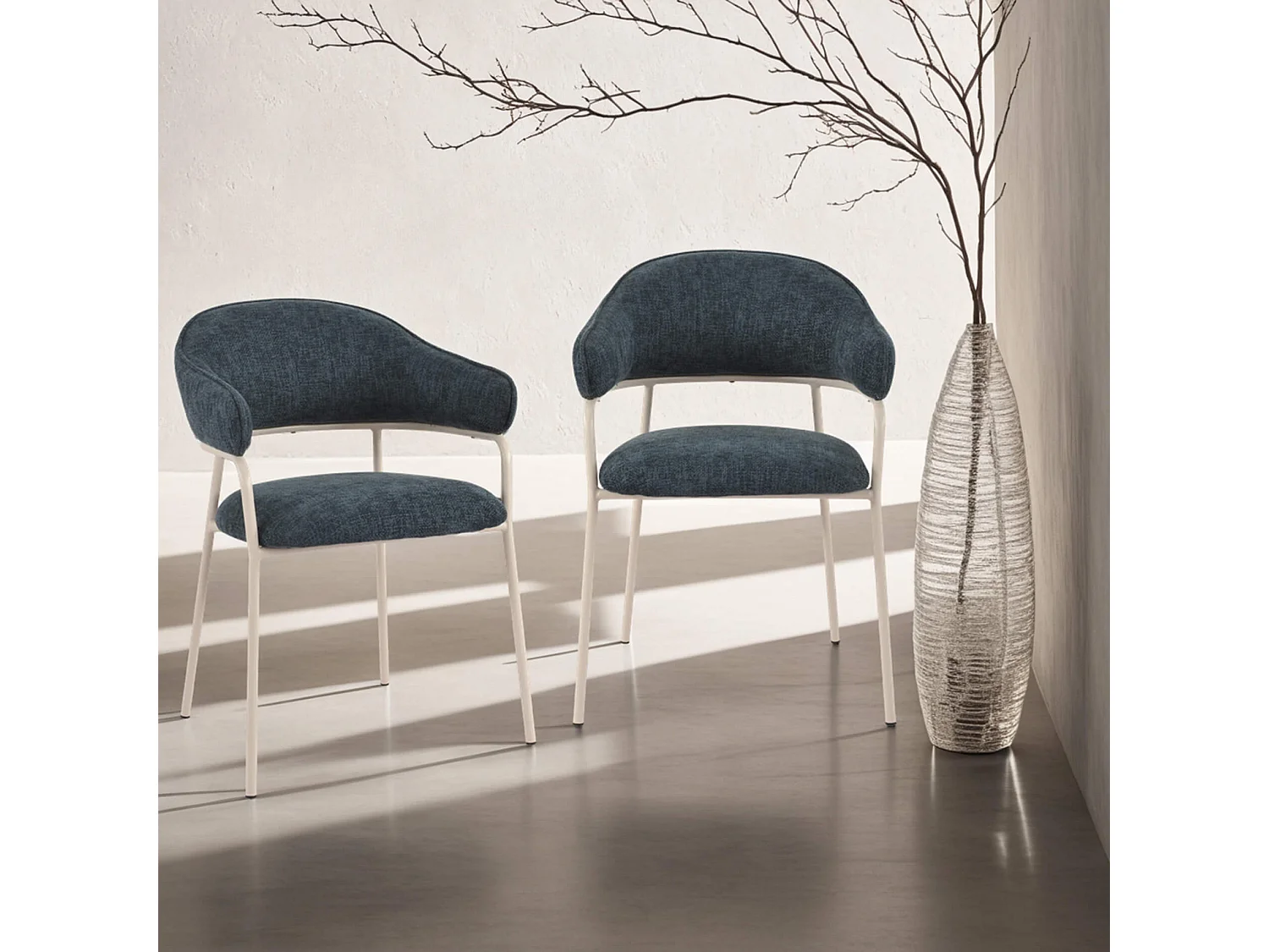 Sedie Rebecca Mobili Guanabana 82,5x57x56,5 Tessuto Poliestere Acciaio Blu Petrolio Bianco Moderno SET 2 pezzi