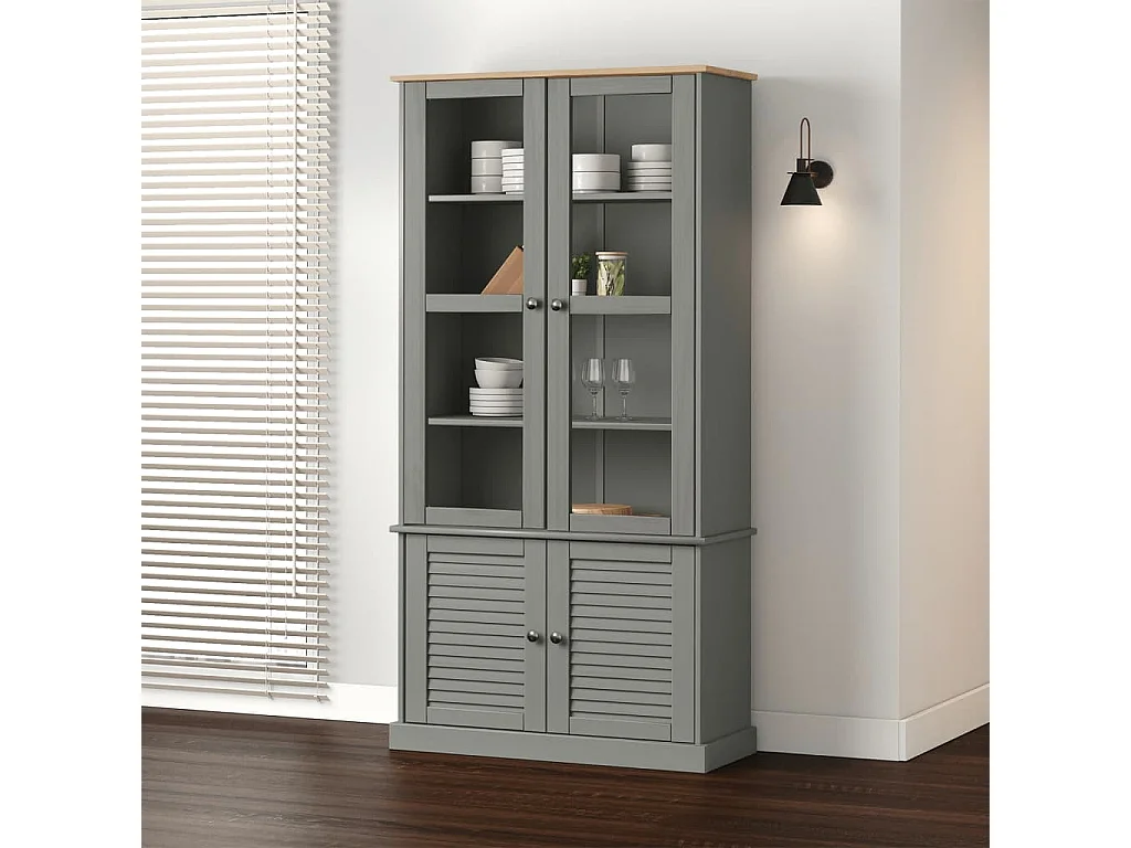 Vitrine VIGO Grau 85x35x170 cm Massivholz Kiefer