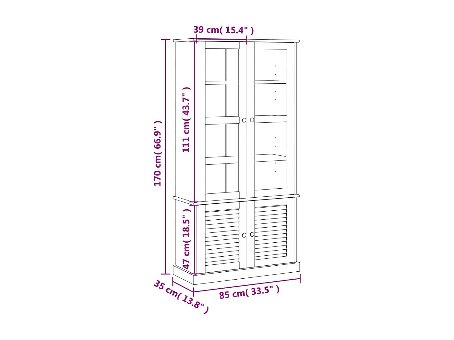 Vitrine VIGO Grau 85x35x170 cm Massivholz Kiefer