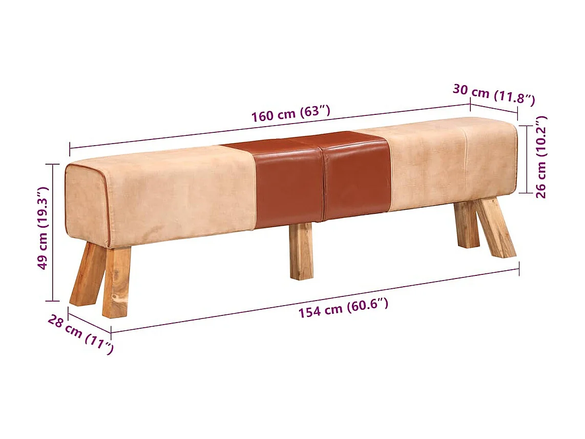 Banc de gymnastique marron 160 cm cuir véritable et toile