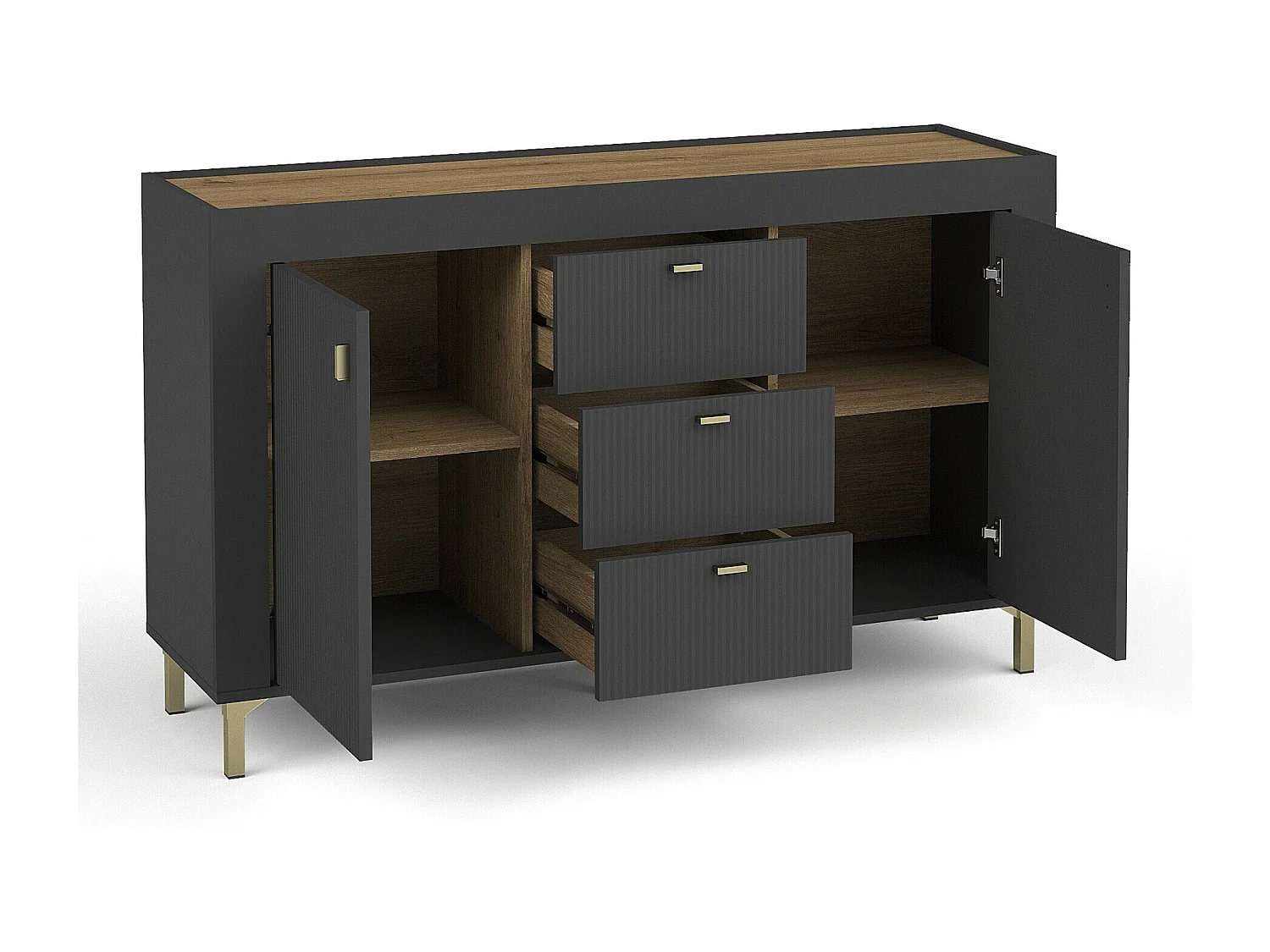 Commode Mormavu 103, Noir mat|Chêne, Avec tiroirs et portes, 84x138x40cm