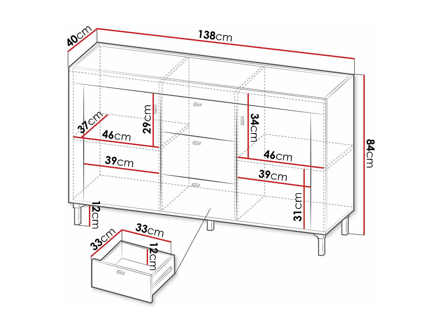 Commode Mormavu 103, Noir mat|Chêne, Avec tiroirs et portes, 84x138x40cm
