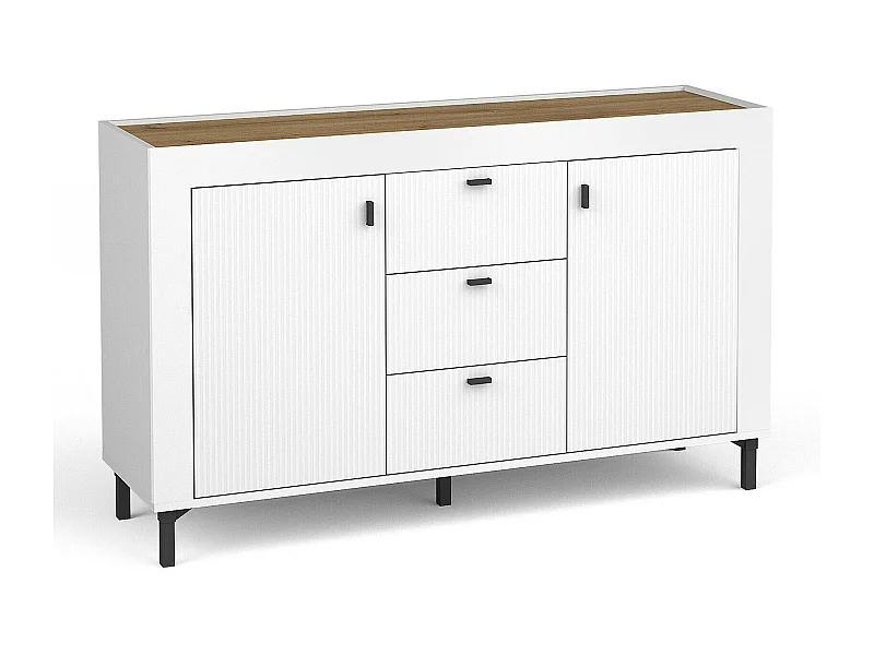 Commode Mormavu 103, Mat blanc|Chêne, Avec tiroirs et portes, 84x138x40cm