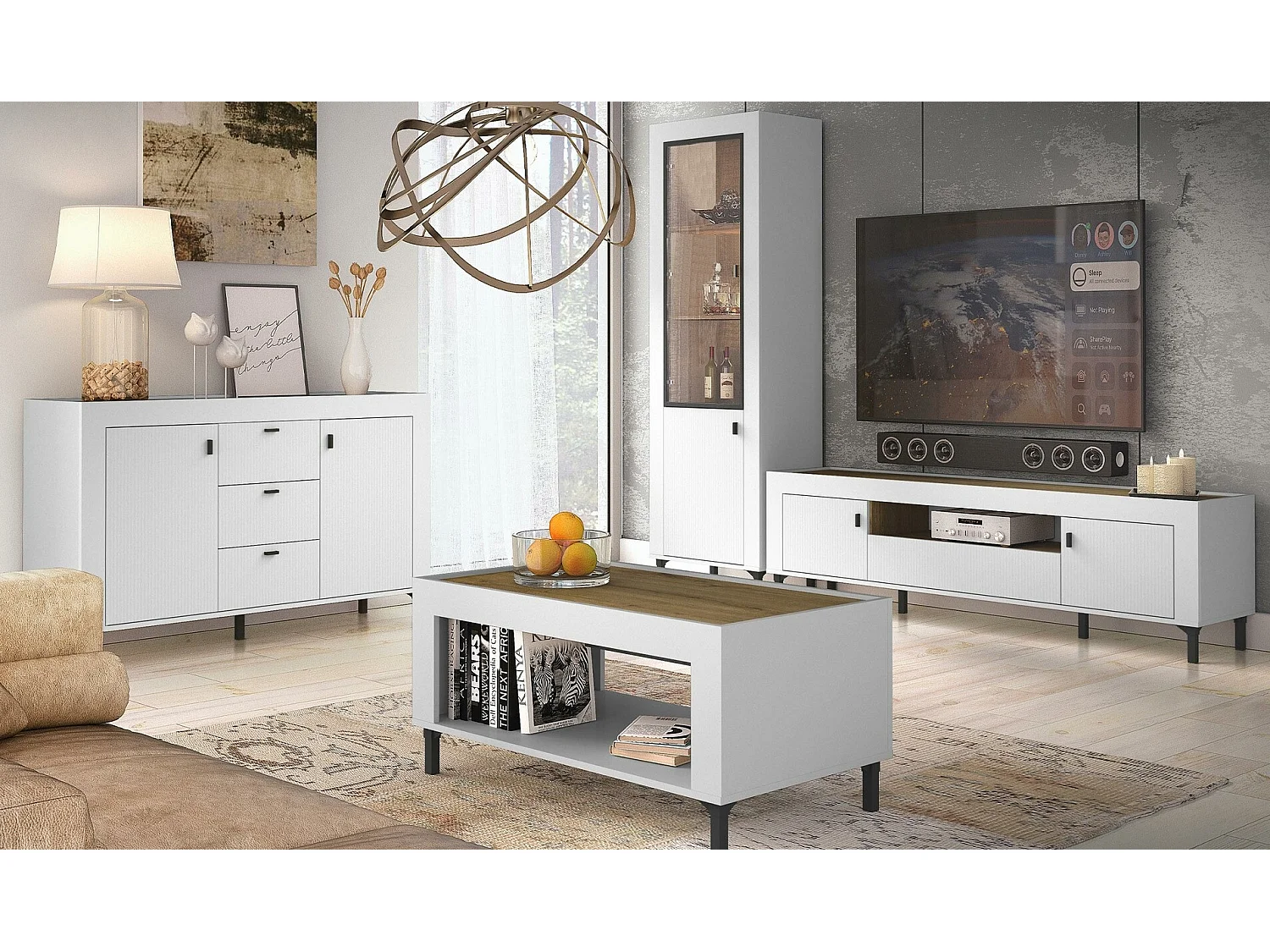 Commode Mormavu 103, Chêne|Mat blanc, Avec tiroirs et portes, 84x138x40cm