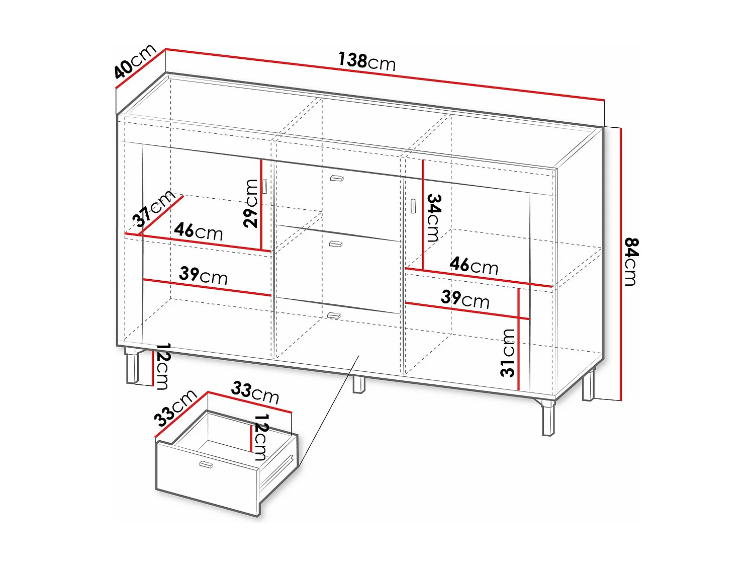 Commode Mormavu 103, Chêne|Mat blanc, Avec tiroirs et portes, 84x138x40cm