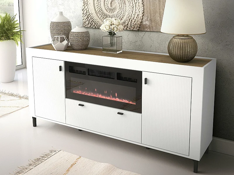 Commode Mormavu 110, Chêne|Mat blanc, Avec tiroirs et portes, 84x177x40cm