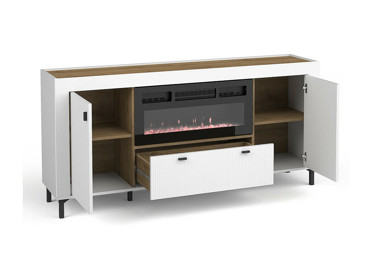 Commode Mormavu 110, Mat blanc|Chêne, Avec tiroirs et portes, 84x177x40cm