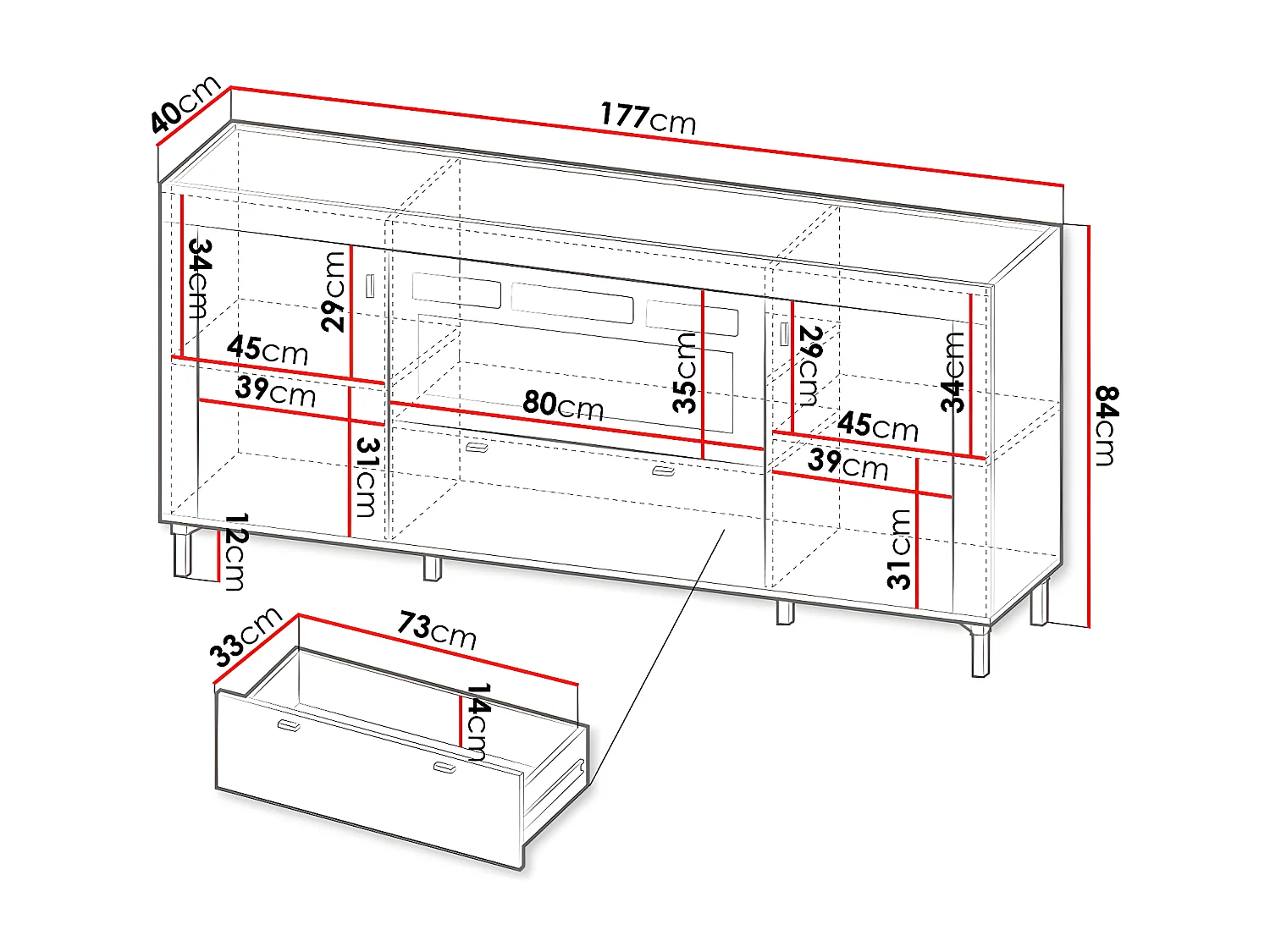 Commode Mormavu 110, Mat blanc|Chêne, Avec tiroirs et portes, 84x177x40cm