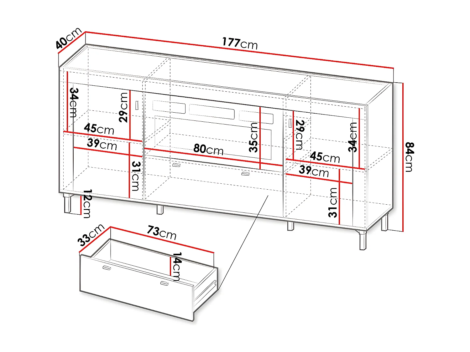 Commode Mormavu 110, Chêne|Cachemire, Avec tiroirs et portes, 84x177x40cm