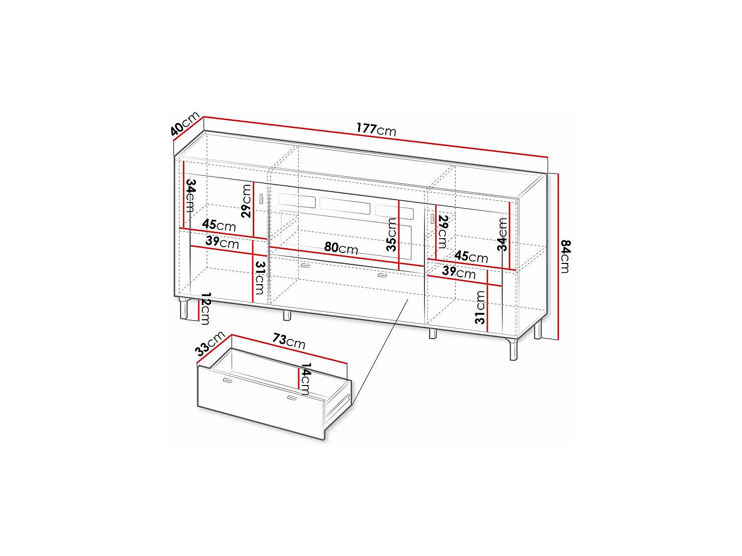 Commode Mormavu 110, Chêne|Noir mat, Avec tiroirs et portes, 84x177x40cm