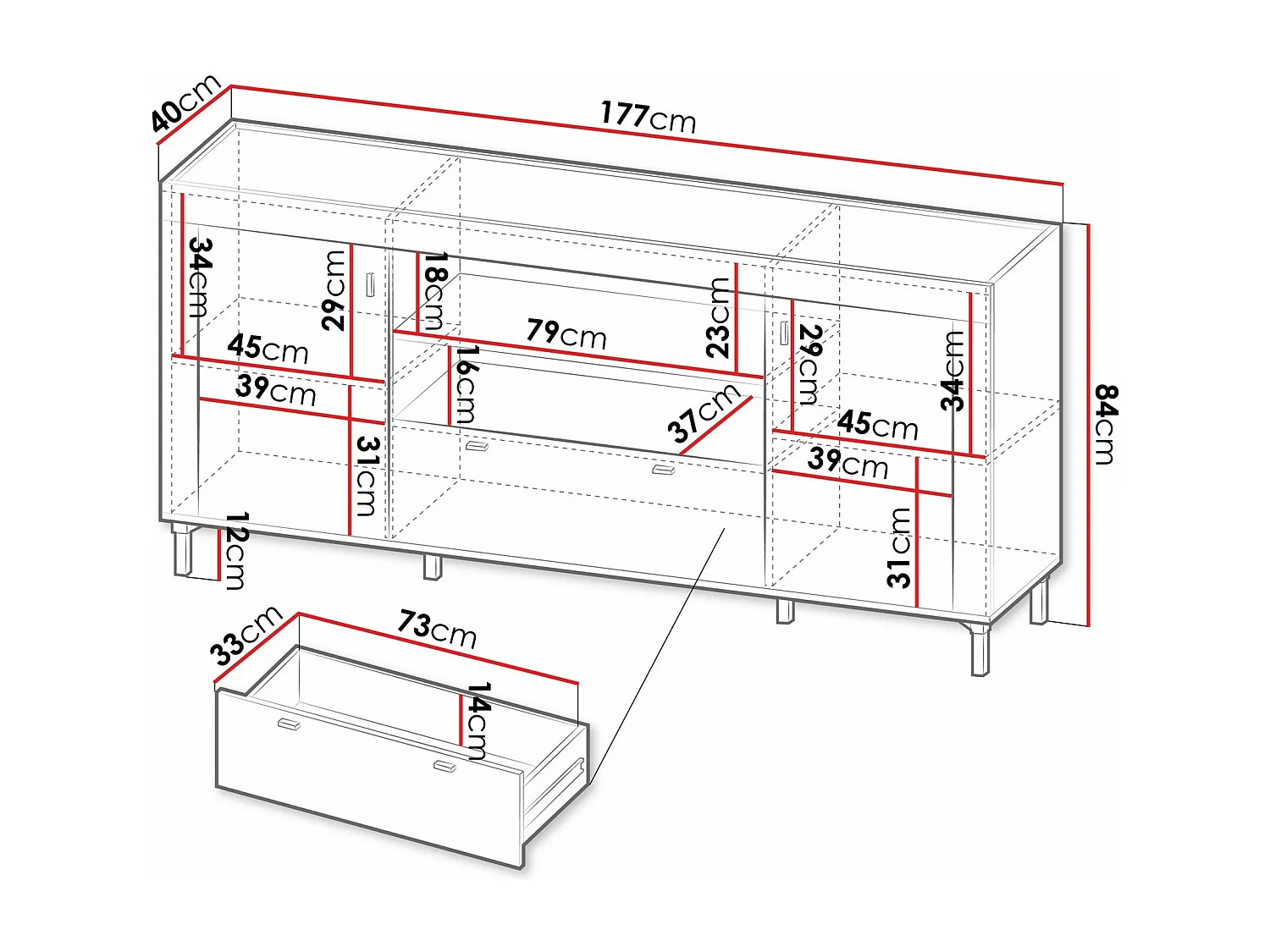 Commode Mormavu 110, Cachemire|Chêne, Avec tiroirs et portes, 84x177x40cm