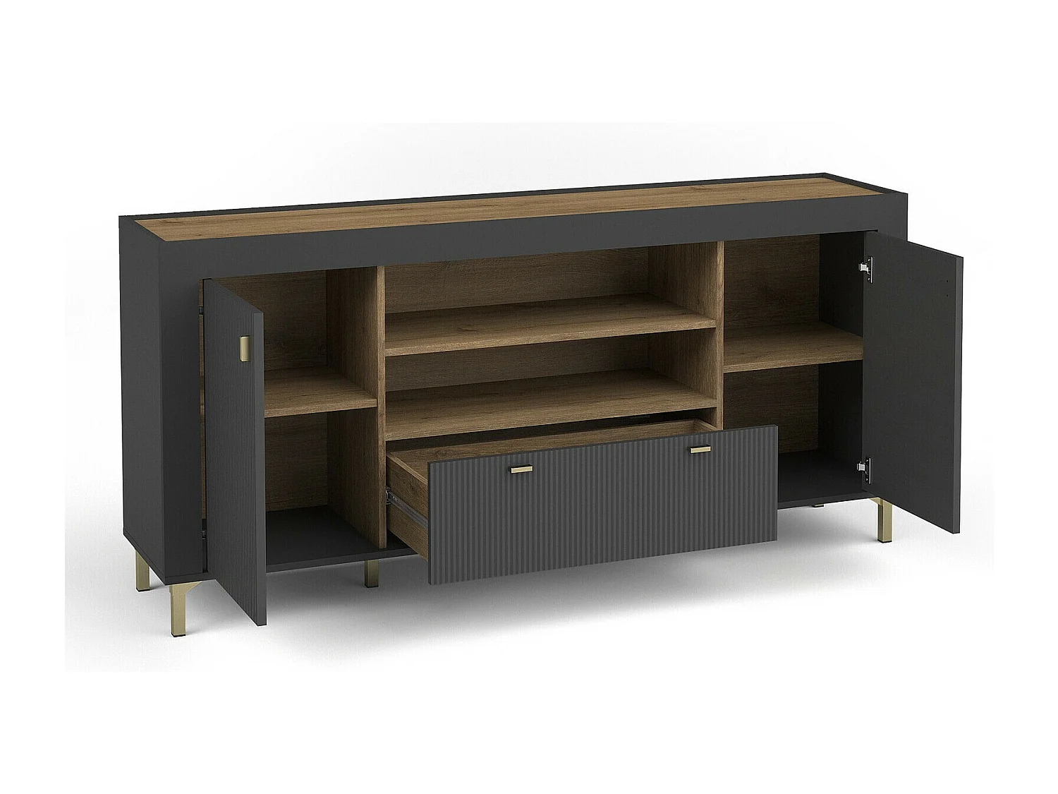 Commode Mormavu 110, Noir mat|Chêne, Avec tiroirs et portes, 84x177x40cm