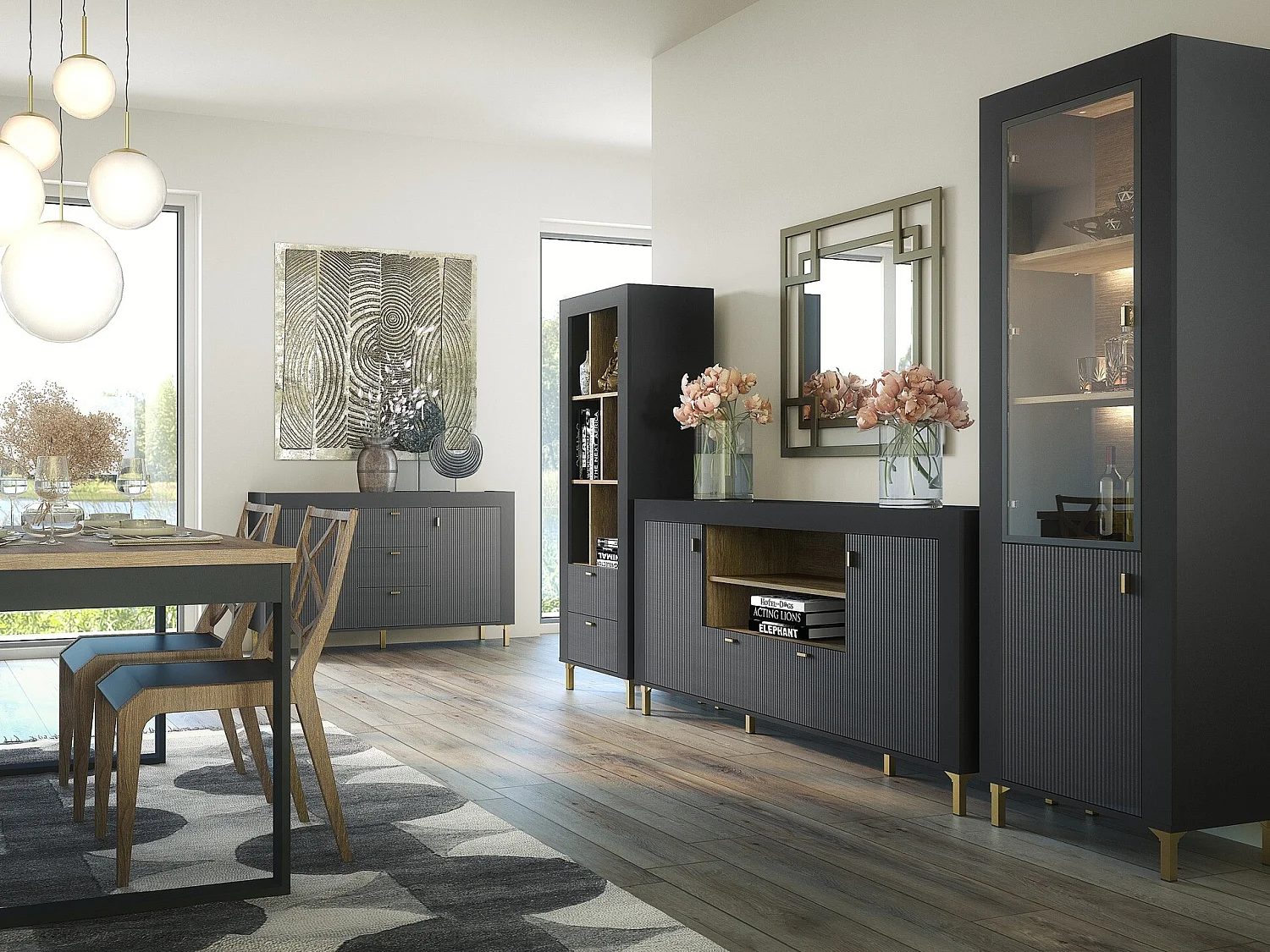 Commode Mormavu 110, Noir mat|Chêne, Tiroirs et portes, 84x177x40cm