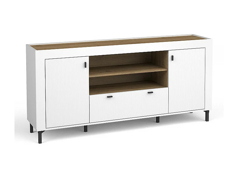 Commode Mormavu 110, Mat blanc|Chêne, Avec tiroirs et portes, 84x177x40cm