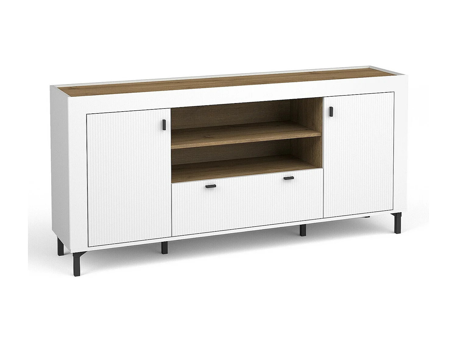 Commode Mormavu 110, Chêne|Mat blanc, Avec tiroirs et portes, 84x177x40cm